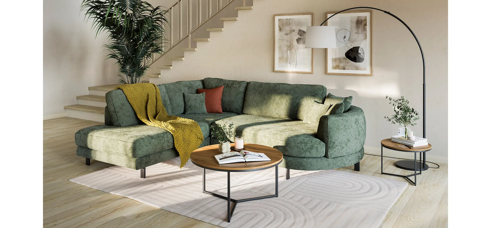 Ecksofa, olivgrün, Füße Metall schwarz - Solenne