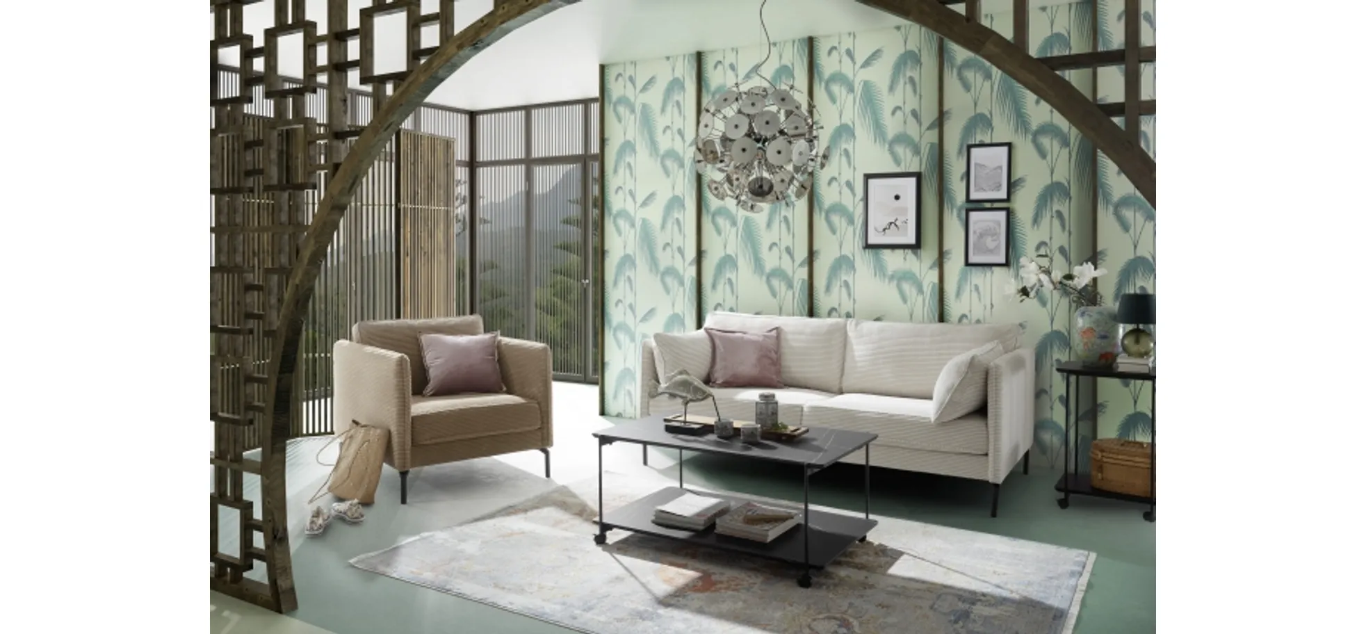 Sofa. Stoff cream, inklusive Kissen - HELWI