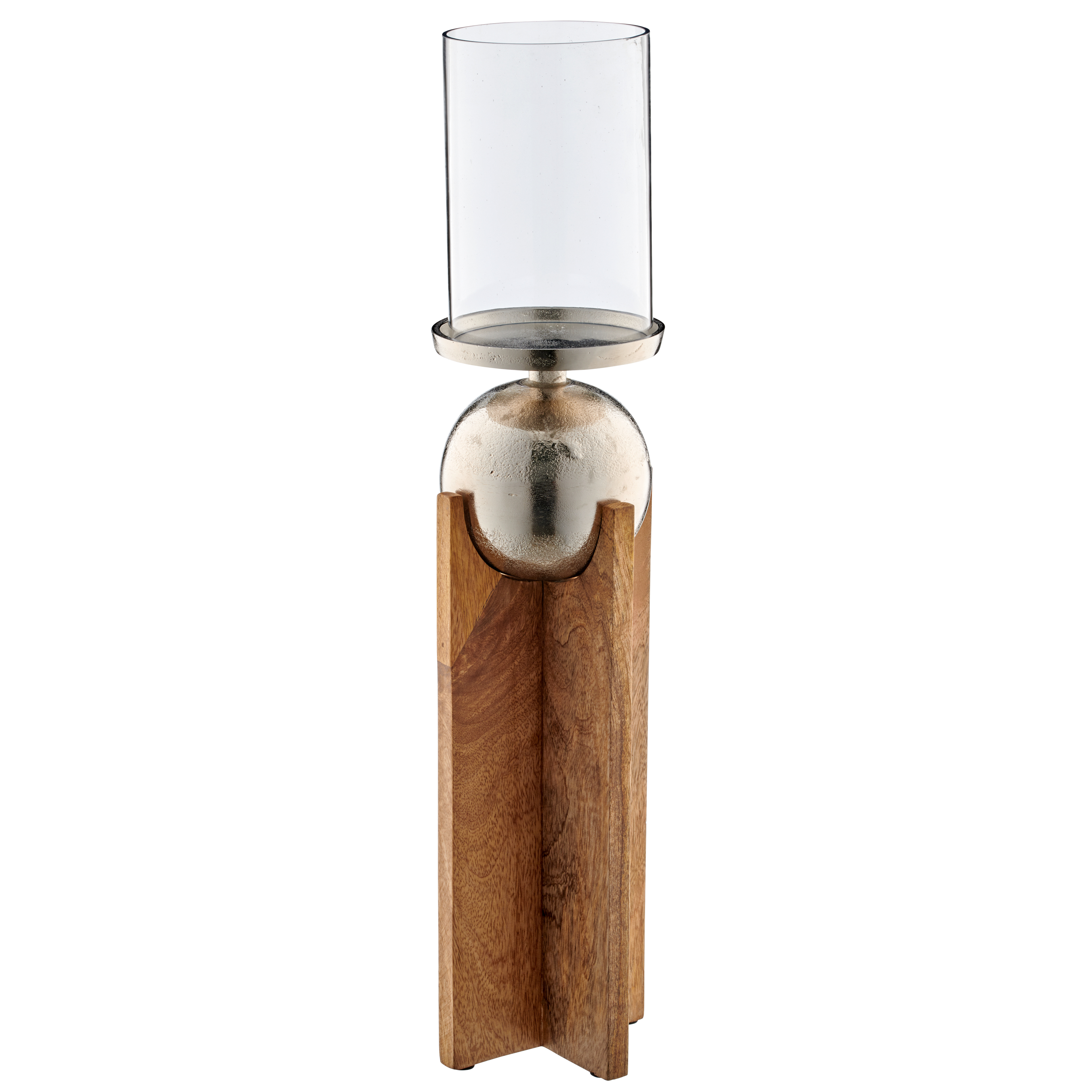 Mangoholz Windlicht mit Aluminiumkugel mit Glas - natur, ca. 12x12x50cm