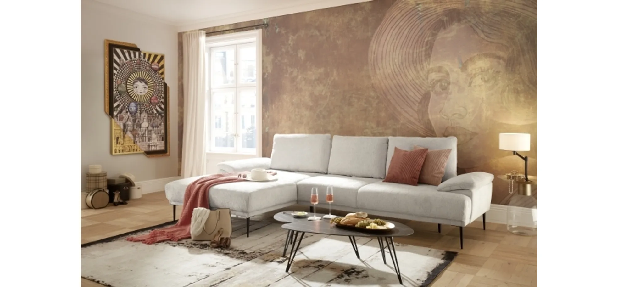 Ecksofa ENRIK - Ecke links, 2,5-Sitzer inkl. Sitztiefenverstellungen, Stoff, Hellgrau