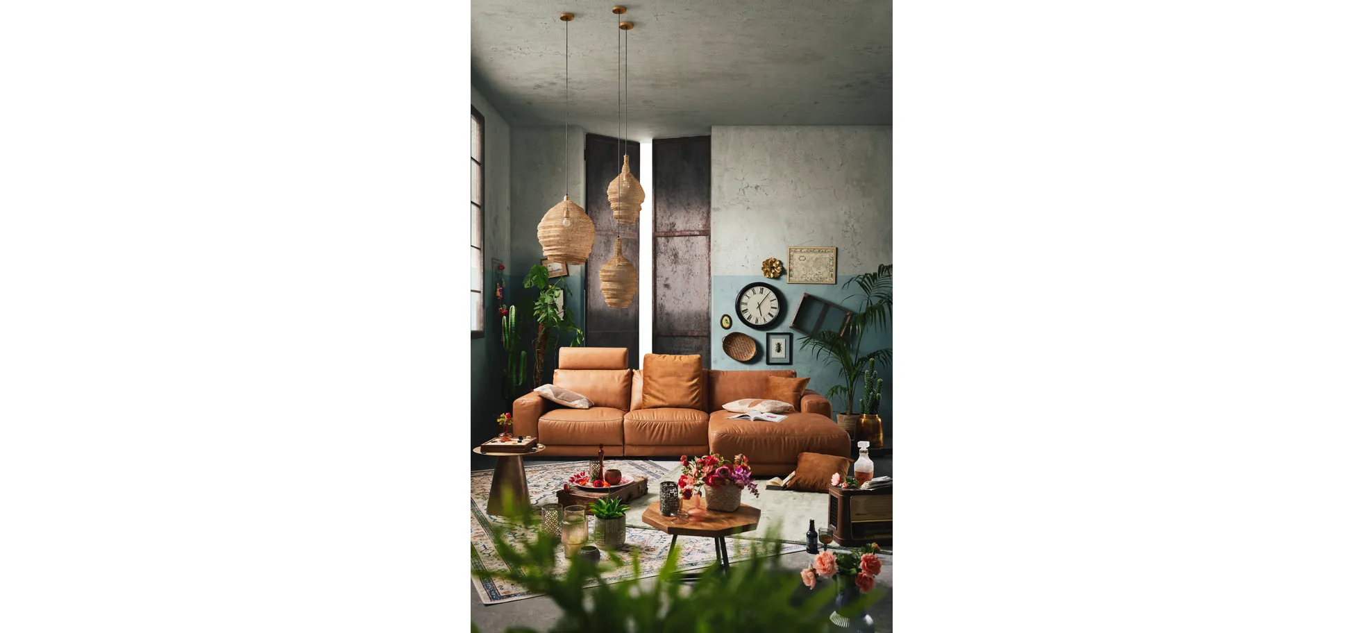 Ecksofa Balok - 2,5-Sitzer mit Longchair groß rechts, inkl. Relaxfunktion (motorisch) und Kopfstütze, Leder, Cognac