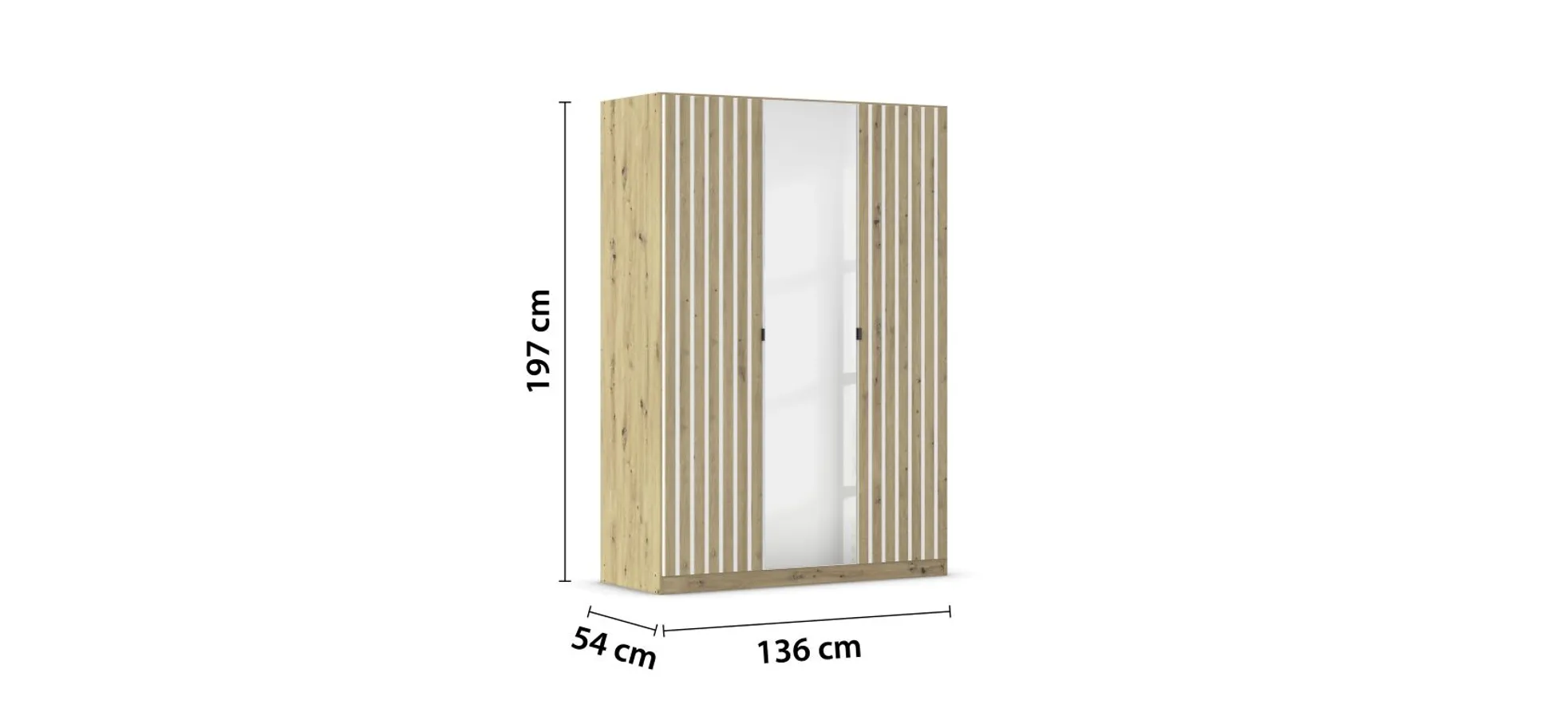 Drehtürenschrank RUERTO- B ca. 136 cm, Eiche Dekor, Weiß, Paneel, Eiche Dekor, Spiegel