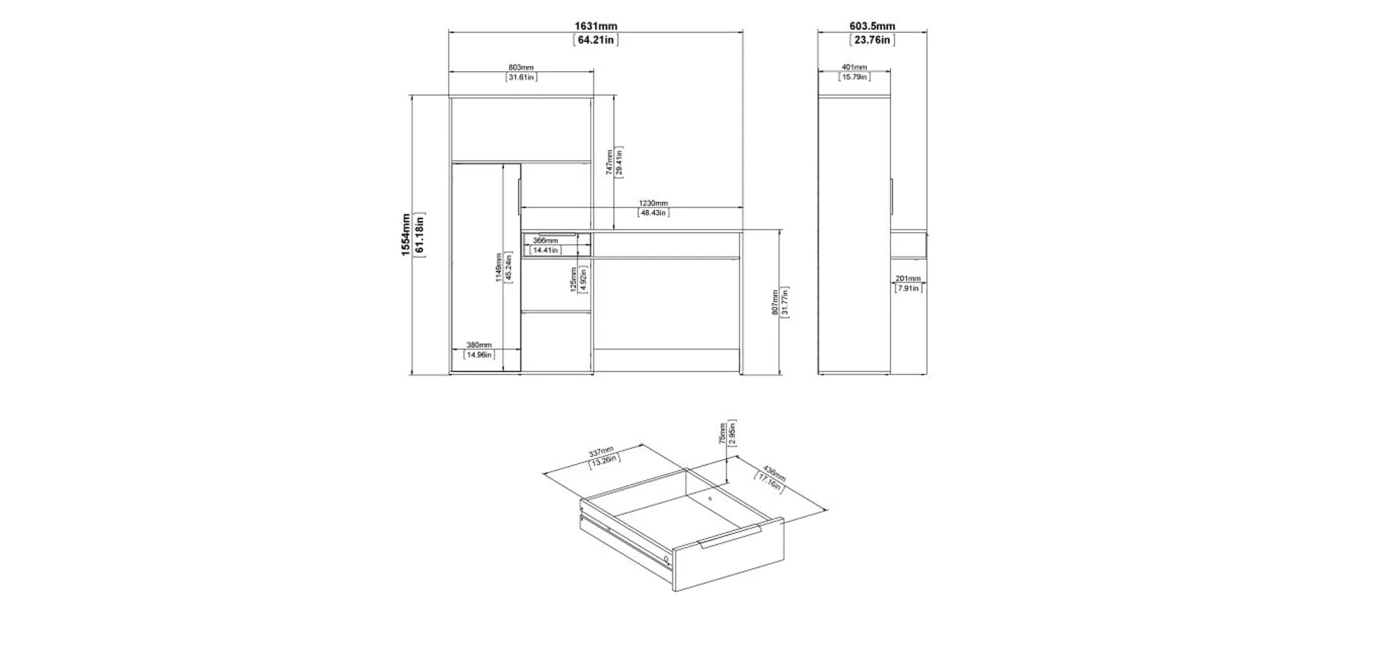 Schreibtisch - LB ca. 163x60 cm, Eiche Struktur Nachbildung, Weiß