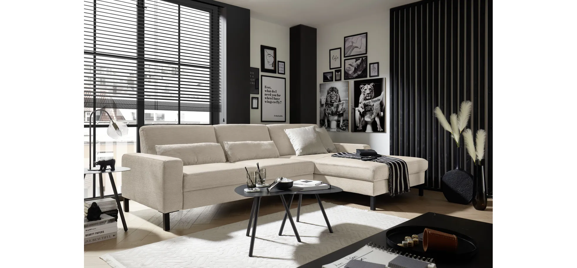  Ecksofa CALM MOVE 2.0 - 2,5-Sitzer mit Longchair rechts, Feincord, Sand