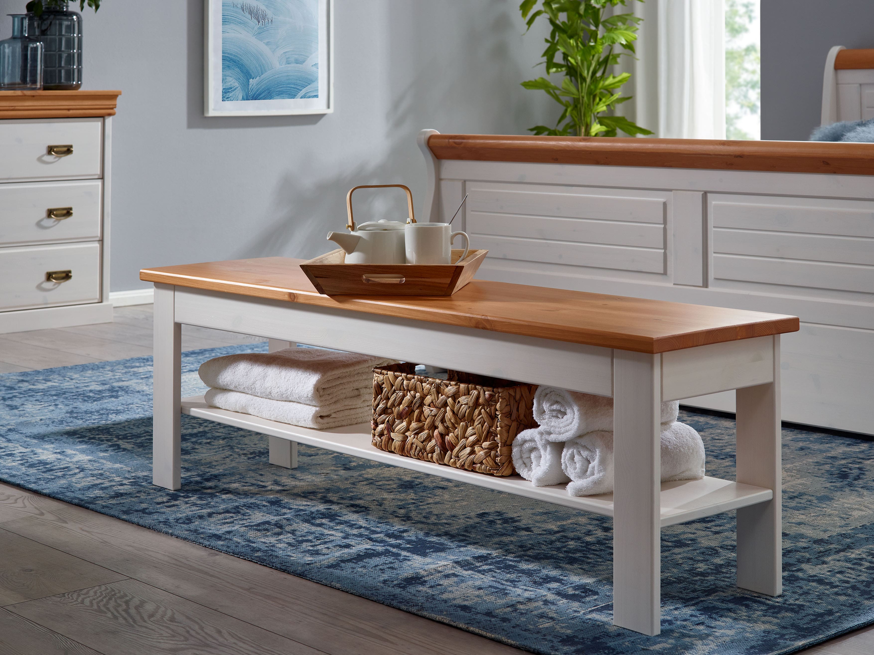 Bettbank, Kiefer massiv weiß gewachst - MYKON 282