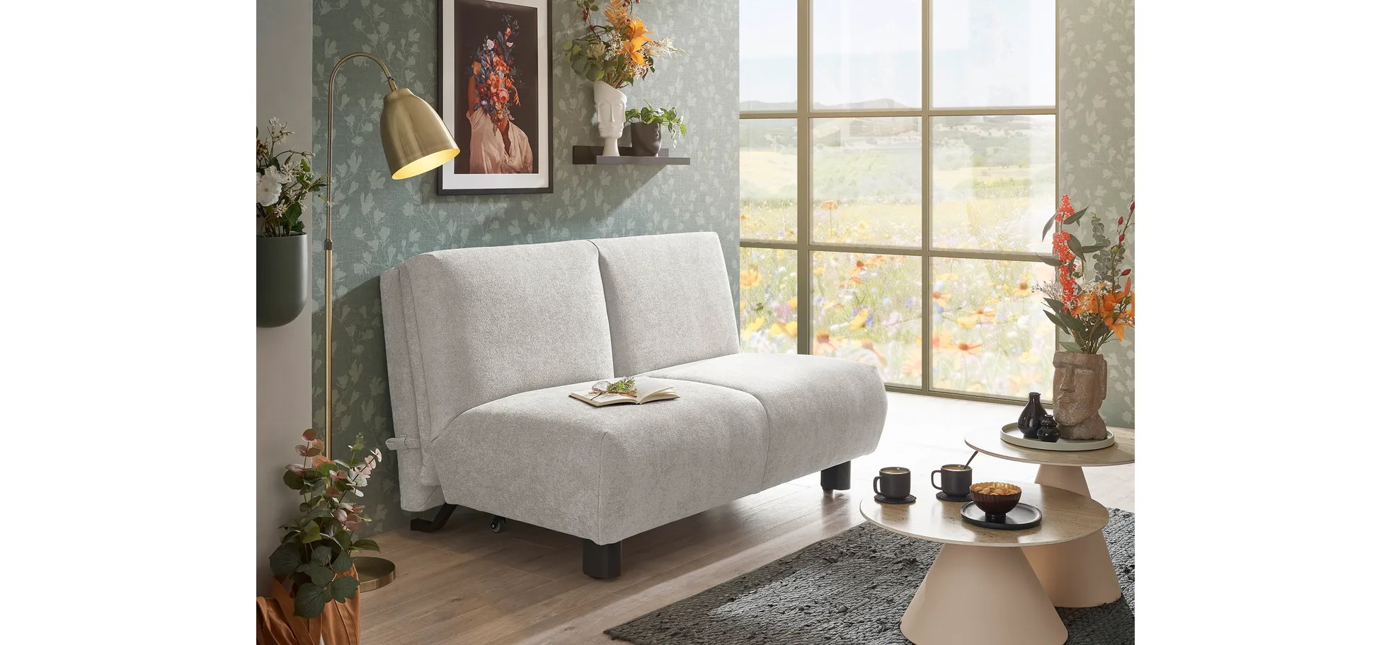  Faltsofa EBBY - 2-Sitzer ohne Armlehne, 140 cm inkl. Schlaffunktion, Stoff, Creme