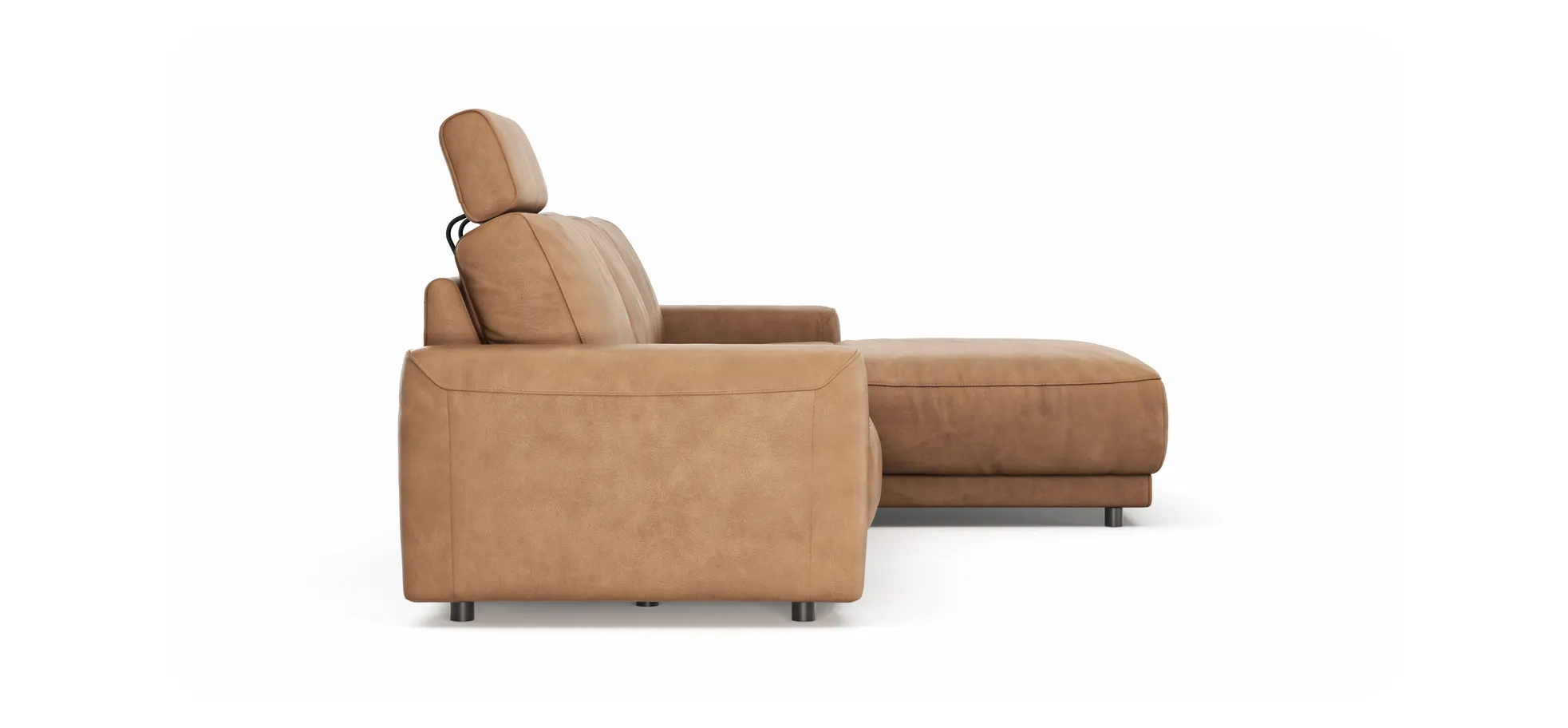 Ecksofa Balok - 2,5-Sitzer mit Longchair groß rechts, inkl. Relaxfunktion (motorisch) und Kopfstütze, Leder, Cognac