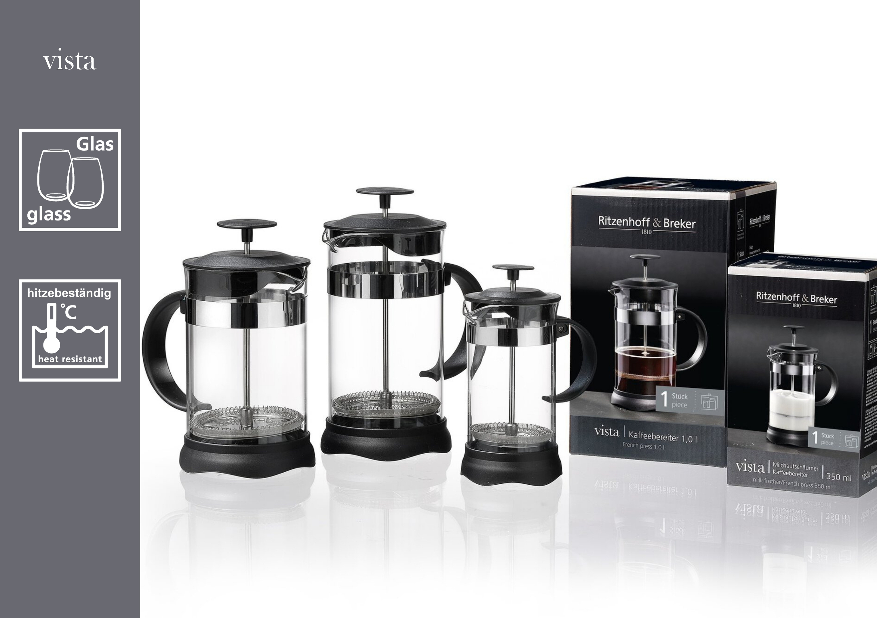 Milchschäumer/Kaffeebereiter Vista 350 ml - Borosilikatglas, Edelstahl u. Kunststoff, zylindr.
