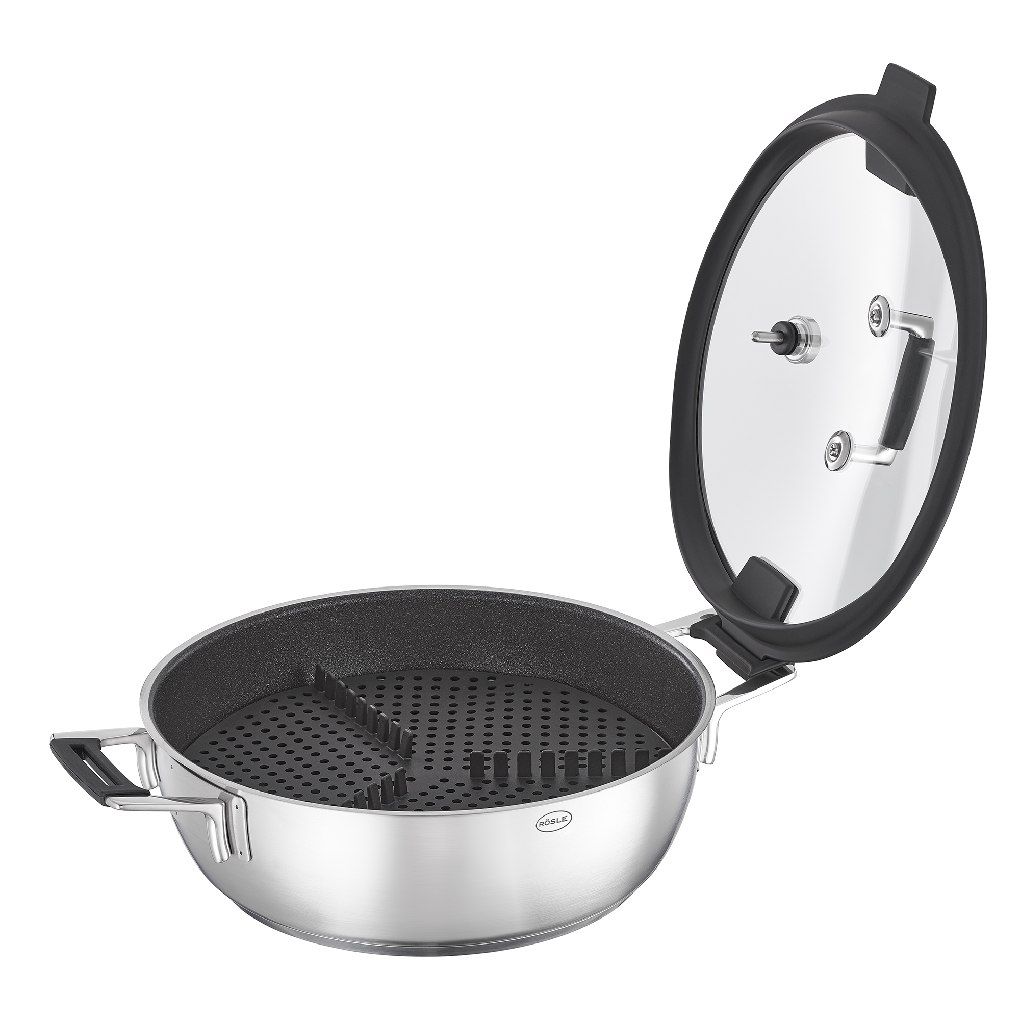 RÖSLE, Schmorpfanne/Dampfgarer m. Deckel Ø28cm - Silence Pro, Edelstahl, Glas Sodalime getempered