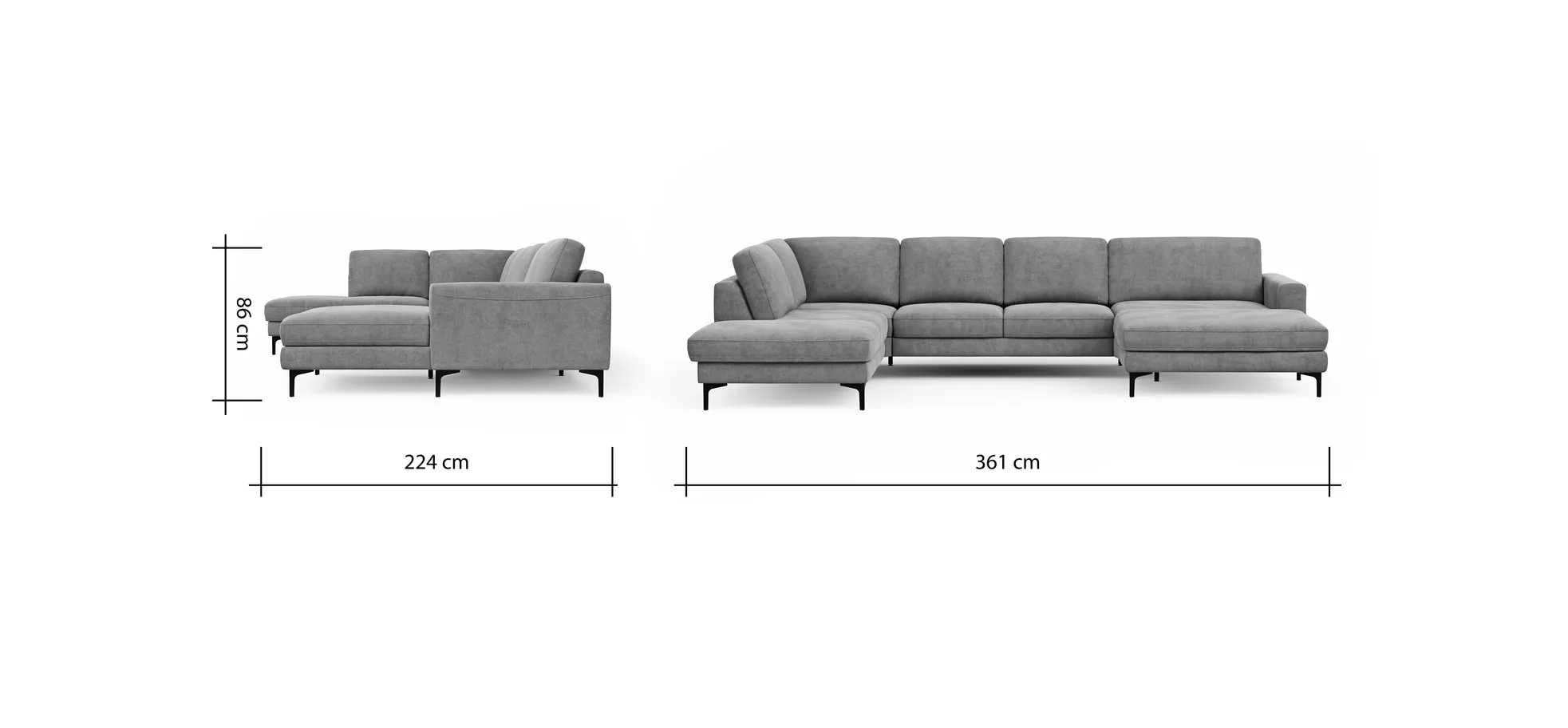 Wohnlandschaft Oviedo - Ecke links mit 2-Sitzer und Longchair rechts, Stoff, Grau