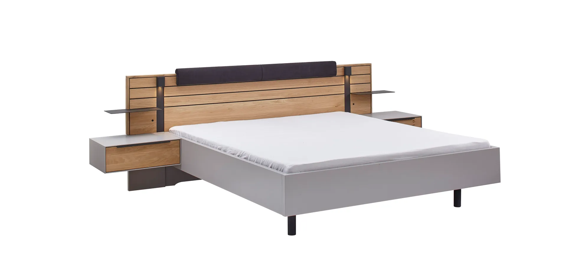 Bett Scottsdale - inkl. Polsteraufsatz, Konsole links/rechts, Paneelaufsatz links/rechts mit Beleuchtung, Liegefläche ca. 180x200 cm, Wildeiche massiv, Lack samtgrau